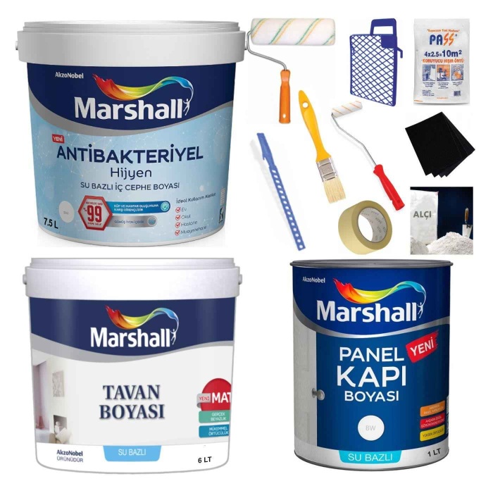 MARSHALL ANTİBAKTERİYEL HİJYEN İç Cephe Boyası 10KG+Tavan Boyası 10KG+Panel Kapı Boyası 1LT+Set