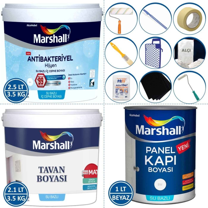 MARSHALL ANTİBAKTERİYEL HİJYEN İç Cephe Boyası 2.5LT+Tavan Boyası 3.5KG+Panel Kapı Boyası 0.75LT+Set