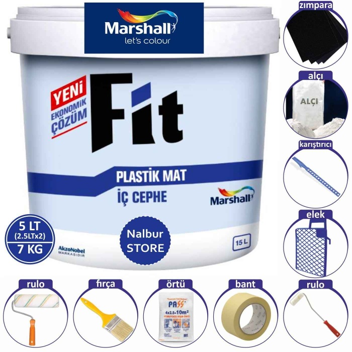 MARSHALL Fit Plastik Su Bazlı İç Cephe Duvar Boyası 5LT=7KG-Kokusuz-Kolay Uygulanır+9 Parça Set