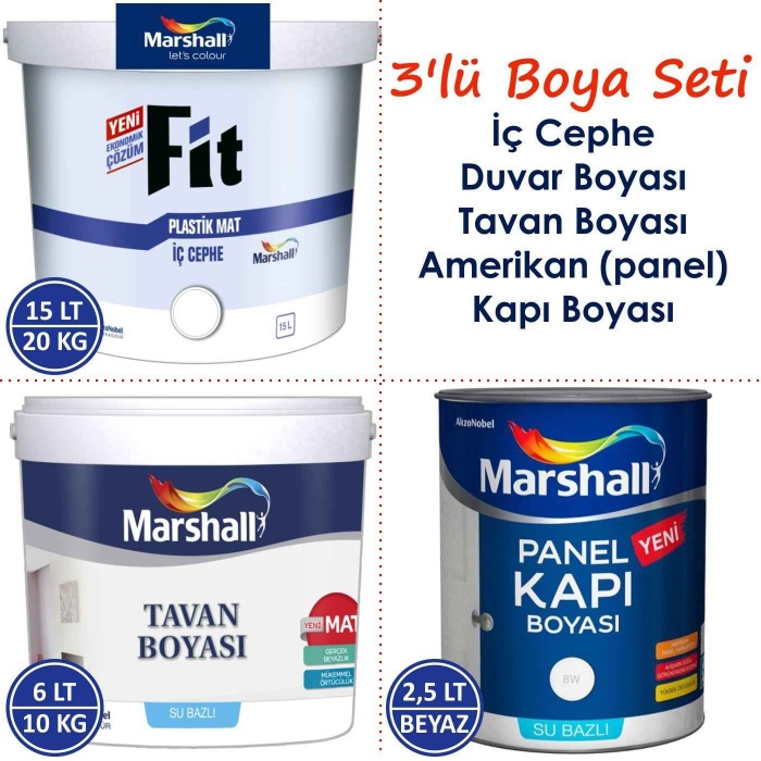 MARSHALL Fit Plastik İç Duvar Boyası 15LT=20KG+Tavan Boyası 10.5LT=17.5KG+Panel Kapı Boyası 2.5LT