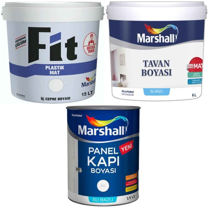 MARSHALL Fit Plastik İç Duvar Boyası 15LT=20KG+Tavan Boyası 6LT=10KG+Panel Kapı Boyası 2.5LT