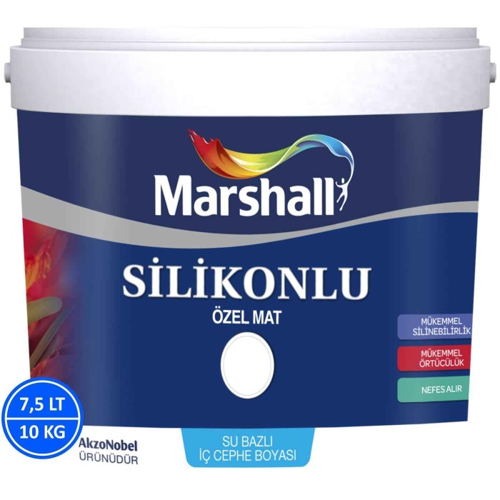 Marshall Özel Mat Duvar Boyası 7.5LT=10KG-Silikonlu-Tam Silinebilir-Parlak-Hızlı Kurur-Uzun Ömürlü