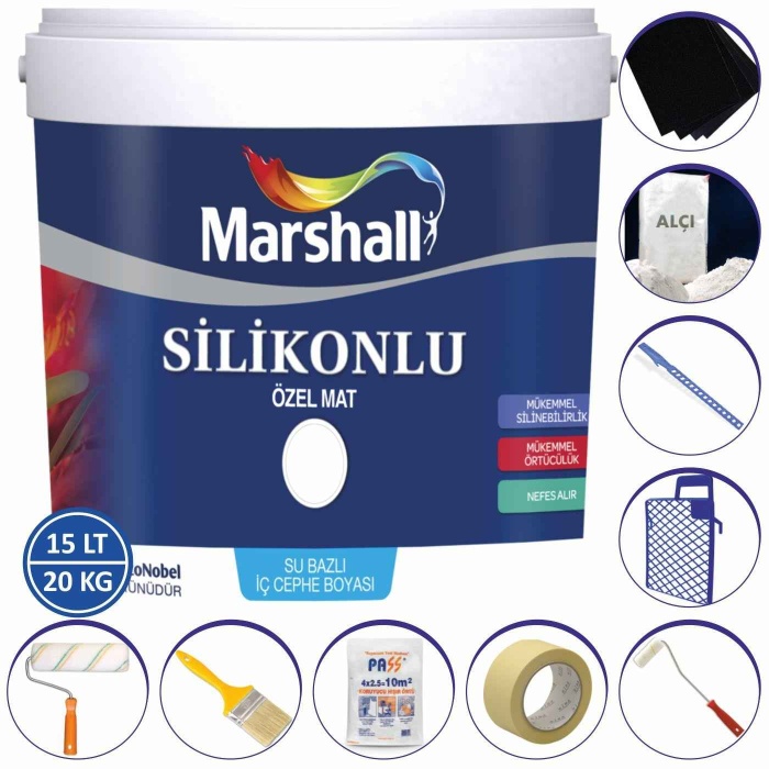 Marshall Özel Mat Duvar Boyası 15LT=20KG-Silikonlu-Tam Silinebilir-Parlak-Hızlı Kurur+9 Parça Set