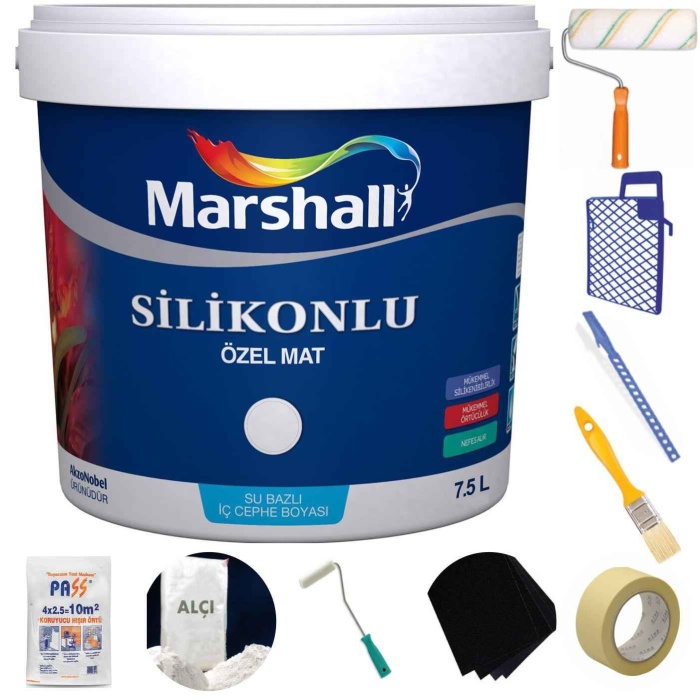 Marshall Özel Mat Duvar Boyası 7.5LT=10KG-Silikonlu-Tam Silinebilir-Parlak-Hızlı Kurur+9 Parça Set