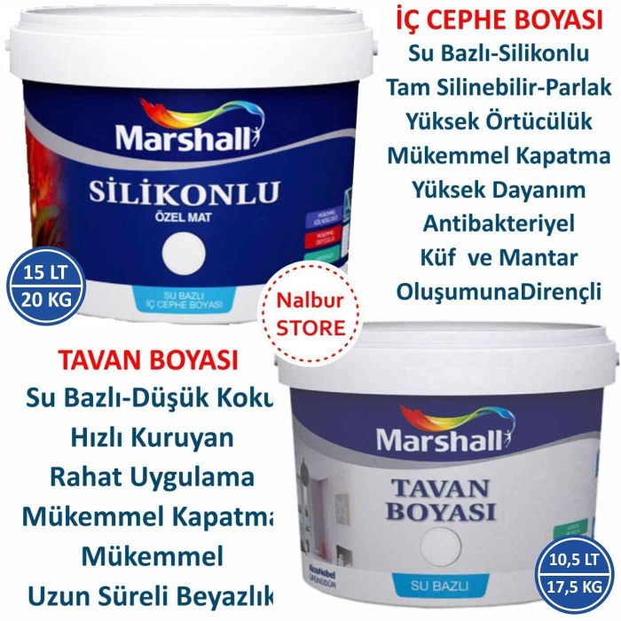 Marshall Özel Mat Duvar Boyası 15LT=20KG+Silikonlu-Tam Silinebilir-Parlak-Tavan Boyası 10.5LT=17.5KG