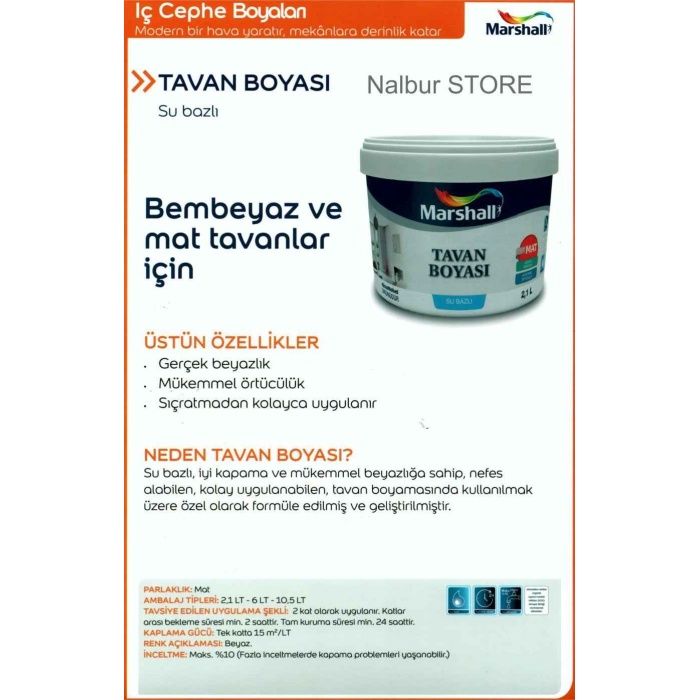 Marshall Özel Mat Duvar Boyası 15LT=20KG+Tam Silinebilir+Tavan Boyası 6LT=10KG+9 Parça Set