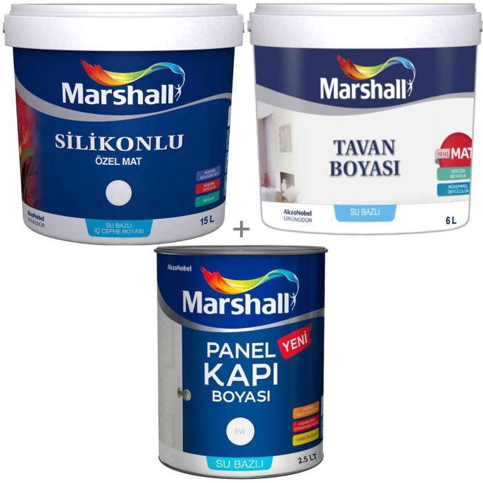 Marshall Özel Mat Duvar Boyası 15LT=20KG+Tavan Boyası 6LT=10KG+Marshall Panel Kapı Boyası 2.5LT