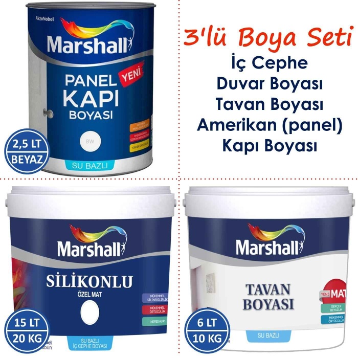 Marshall Özel Mat Duvar Boyası 15LT=20KG+Tavan Boyası 6LT=10KG+Marshall Panel Kapı Boyası 2.5LT