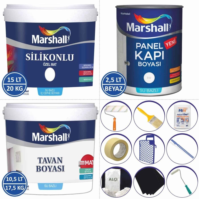 Marshall Özel Mat Duvar Boya 15LT=20KG+Tavan Boya 10.5LT=17.5KG+Panel Kapı Boyası 2.5LT+9 Parça Set