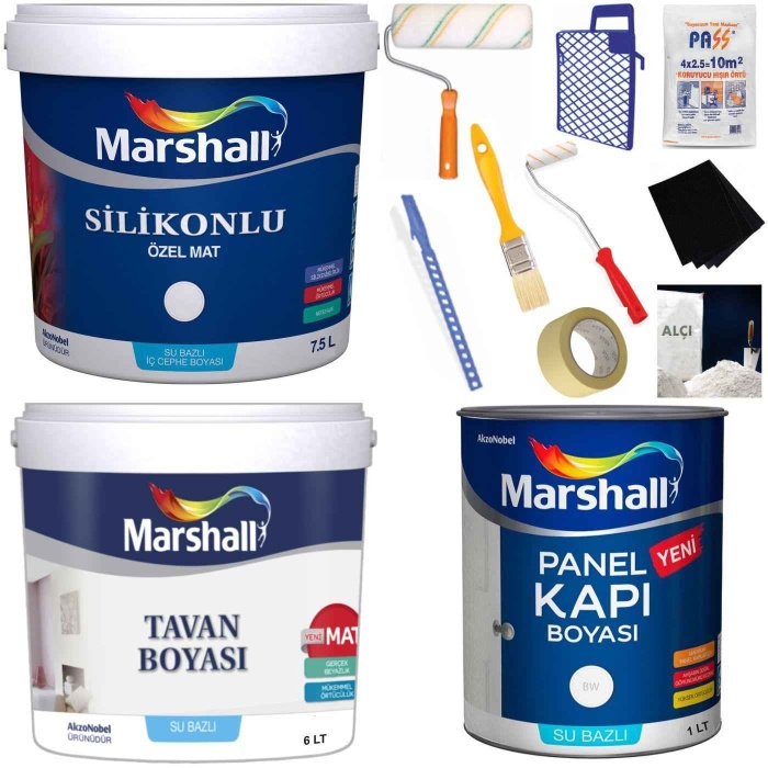 Marshall Özel Mat Duvar Boya 7.5LT=10KG+Tavan Boya 6LT=10KG+Panel Kapı Boyası 1LT+9 Parça Set