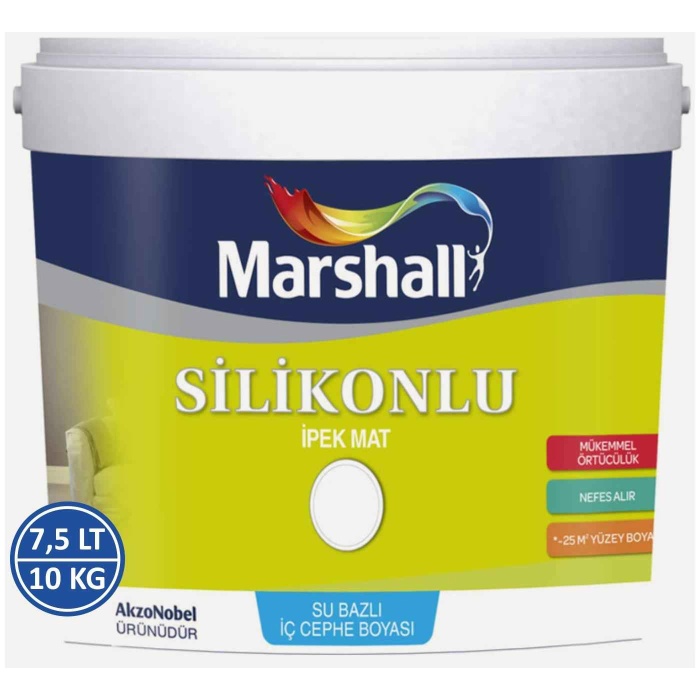 Marshall İpek Mat Duvar Boyası 7.5LT=10KG-Saten duvarlar için-Su bazlı-Silikonlu-Silinebilir-Kokusuz