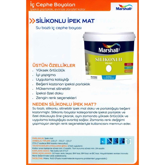 Marshall İpek Mat Duvar Boyası 7.5LT=10KG-Saten duvarlar için-Su bazlı-Silikonlu-Silinebilir-Kokusuz