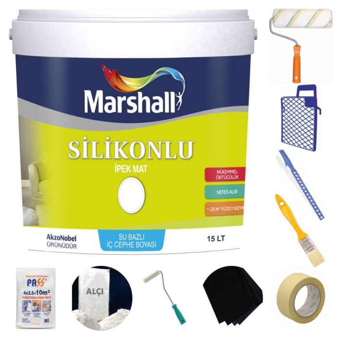 Marshall İpek Mat Silinebilir Duvar Boyası 15LT=20KG+9 Parça Set-Saten Duvarlar için uygundur