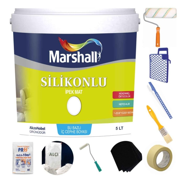 Marshall İpek Mat Duvar Boyası 5LT=7KG-Saten duvarlara uygundur-Silikonlu-Silinebilir+9 Parça Set