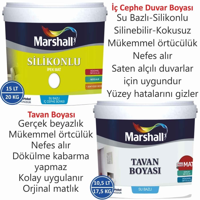 Marshall İpek Mat Silikonlu-Silinebilir İç Cephe Duvar Boyası 15LT=20KG+Tavan Boyası 10.5LT=17.5KG