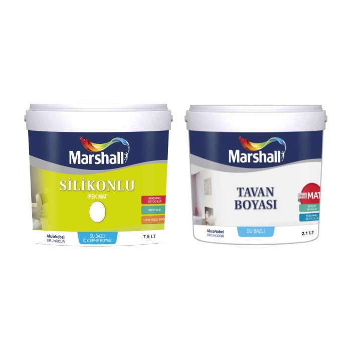 Marshall İpek Mat Silikonlu-Silinebilir İç Cephe Duvar Boyası 7.5LT=10KG+Tavan Boyası 2.1LT=3.5KG