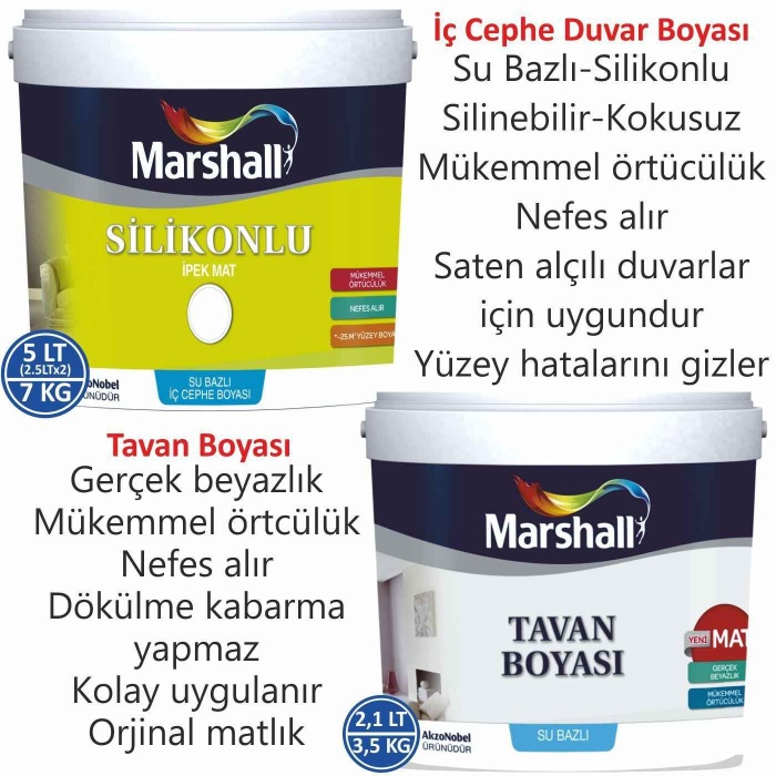 Marshall İpek Mat Silikonlu-Silinebilir İç Cephe Duvar Boyası 5LT=7KG+Tavan Boyası 2.1LT=3.5KG