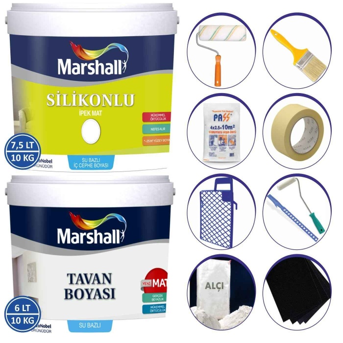 Marshall İpek Mat Silinebilir İç Cephe Duvar Boyası 7.5LT=10KG+Tavan Boyası 6LT=10KG+9 Parça Set