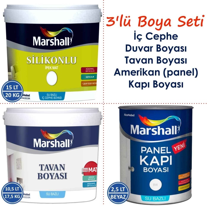 Marshall İpek Mat Silinebilir İç Cephe Duvar Boyası 20KG+Tavan Boyası 17.5KG+Panel Kapı Boyası 2.5LT