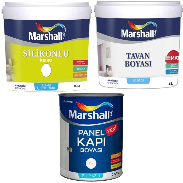 Marshall İpek Mat Silinebilir İç Cephe Duvar Boyası 20KG+Tavan Boyası 10KG+Panel Kapı Boyası 2.5LT