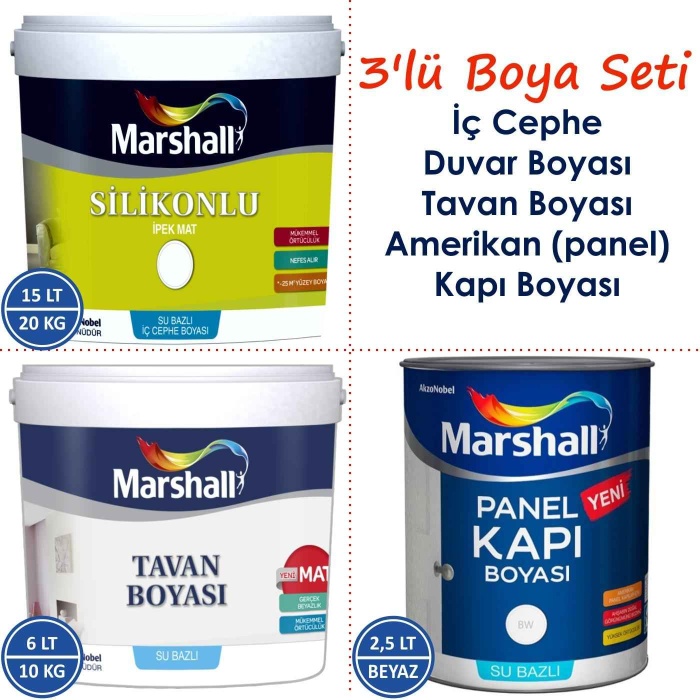 Marshall İpek Mat Silinebilir İç Cephe Duvar Boyası 20KG+Tavan Boyası 10KG+Panel Kapı Boyası 2.5LT