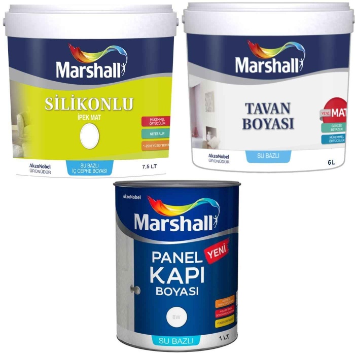 Marshall İpek Mat Silinebilir İç Cephe Duvar Boyası 10KG+Tavan Boyası 10KG+Panel Kapı Boyası 1LT