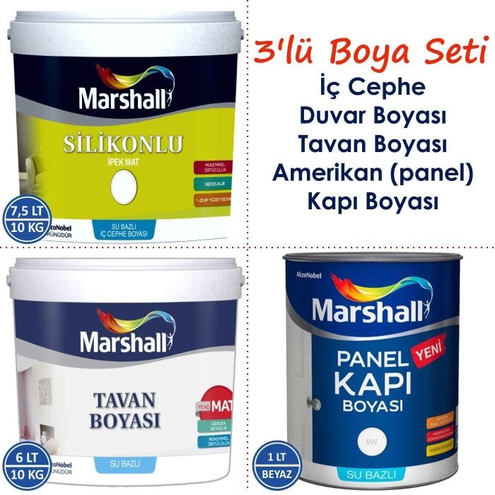 Marshall İpek Mat Silinebilir İç Cephe Duvar Boyası 10KG+Tavan Boyası 10KG+Panel Kapı Boyası 1LT