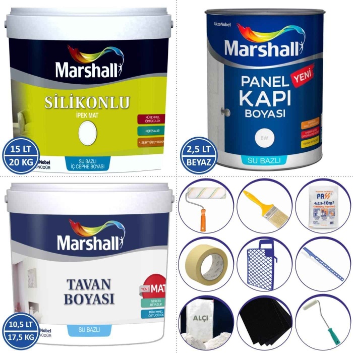 Marshall İpek Mat Silinebilir İç Cephe Boyası 20KG+Tavan Boyası 17.5KG+Panel Kapı Boyası 2.5LT+Set