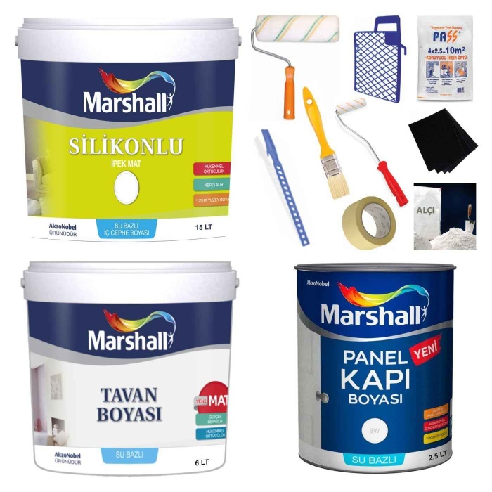 Marshall İpek Mat Silinebilir İç Cephe Boyası 20KG+Tavan Boyası 10KG+Panel Kapı Boyası 2.5LT+Set