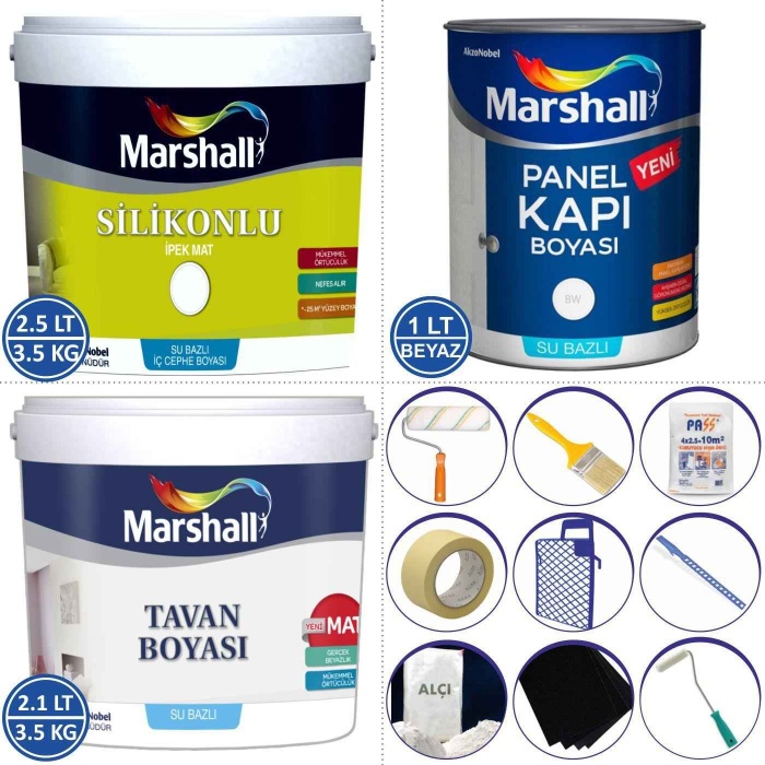 Marshall İpek Mat Silinebilir İç Cephe Boyası 3.5KG+Tavan Boyası 3.5KG+Panel Kapı Boyası 1LT+Set