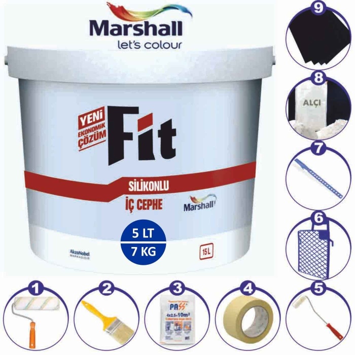 MARSHALL Fit Silikonlu İç Cephe Duvar Boyası 5LT=7KG-Kokusuz-Kolay Uygulanr-9 Parça Boyacı Seti