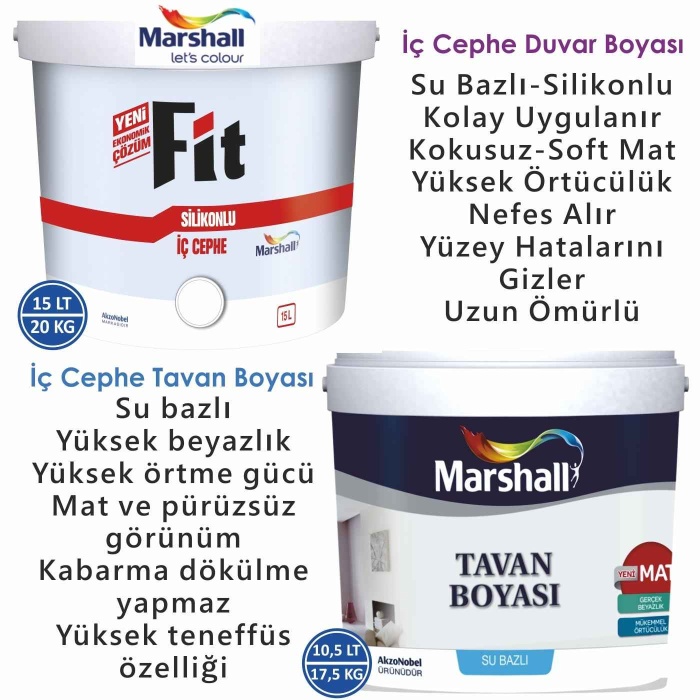 MARSHALL Fit Silikonlu İç Cephe Boyası 15LT=20KG+Marshall Tavan Boyası 10.5LT=17.5KG ~3+1 Daire İçin