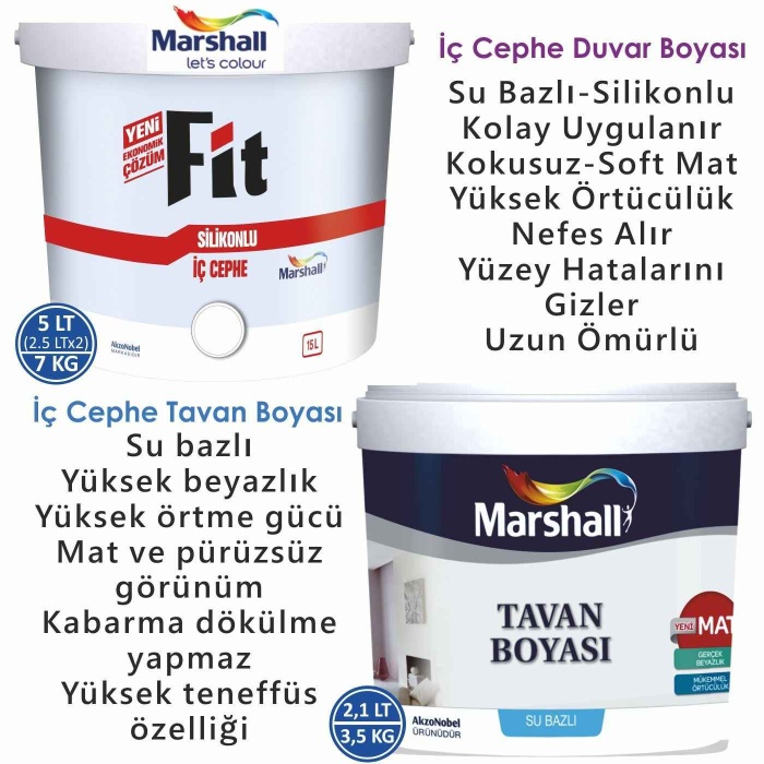 MARSHALL Fit Silikonlu İç Cephe Boyası 5LT=7KG+Marshall Tavan Boyası 2.1LT=3.5KG ~Büyük Oda İçin