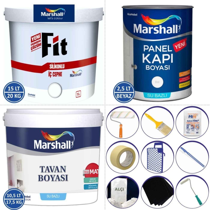 MARSHALL Fit Silikonlu İç Cephe Boyası 20KG+Tavan Boyası 17.5KG+Panel Kapı Boyası 2.5LT+9 Parça Set