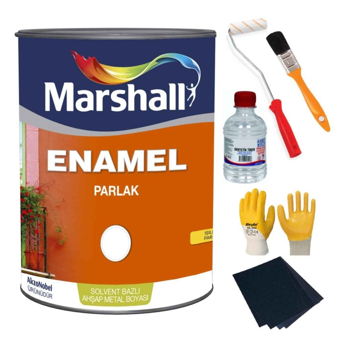 MARSHALL ENAMEL(DEKORATİF) PARLAK YAĞLI BOYA-2,5LT=3,5Kg-Ahşap Metal Plastik Boyanabilir+Boyacı Seti