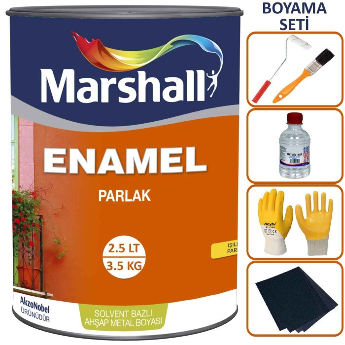 MARSHALL ENAMEL(DEKORATİF) PARLAK YAĞLI BOYA-2,5LT=3,5Kg-Ahşap Metal Plastik Boyanabilir+Boyacı Seti