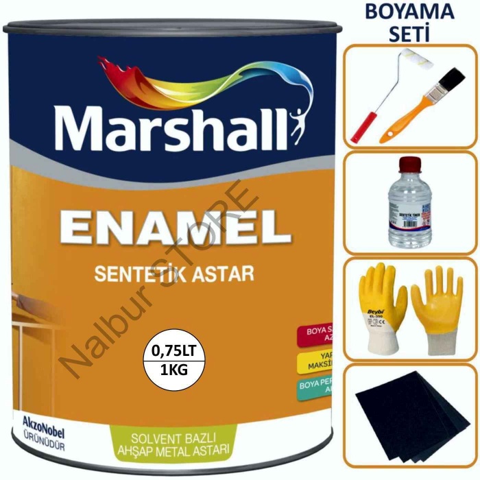 MARSHALL AHŞAP ASTAR BEYAZ 0,75 LT-Ahşab-Demir-Beton Yüzeyler İçin-Rulo+Fırça+Tiner+Eldiven+Zımpara