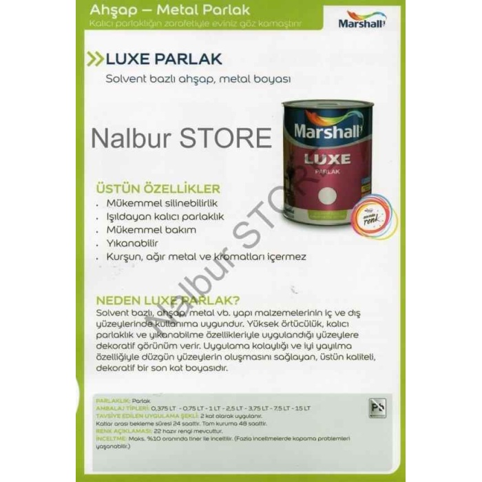 MARSHALL LUXE PARLAK YAĞLI BOYA-0.75LT=1KG-Ahşap-Demir-Plastik Boyamada Mükemmel Sonuç Verir