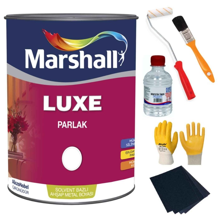 MARSHALL LUXE PARLAK YAĞLI BOYA-0.75LT=1KG-Ahşap-Demir-Plastik Boyamada Mükemmel Sonuç+Boyama Seti