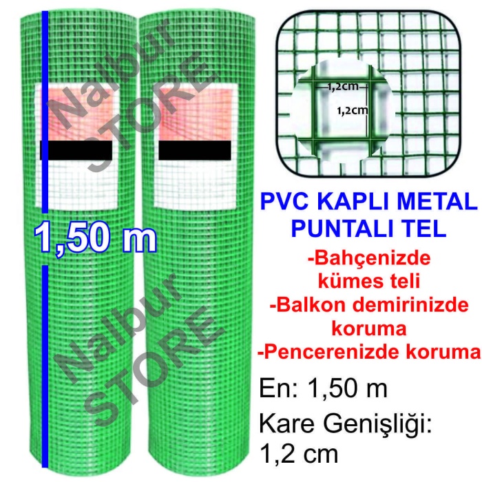 PVC KAPLI METAL PUNTALI BAHÇE TELİ Kalınlık=0,9mm En=1,50m Tel Aralığı=12mmx12mm-1 Metre Fiyatıdır