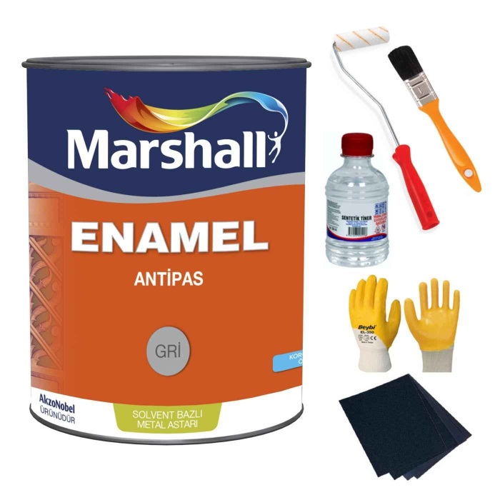 MARSHALL ENAMEL ANTİPAS GRİ 0.75LT-Demirlerinizi Paslanmadan Korur-Rulo+Fırça+Tiner+Eldiven+Zımpara