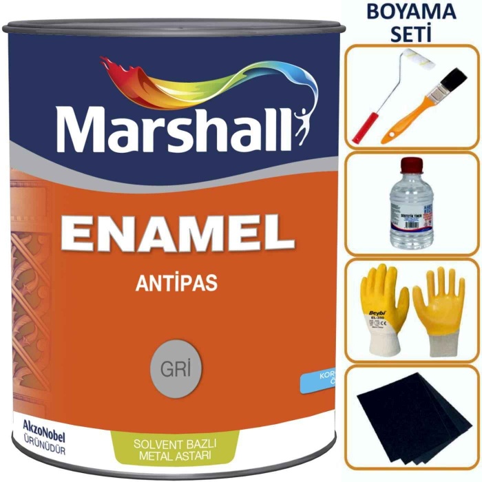 MARSHALL ENAMEL ANTİPAS GRİ 0.75LT-Demirlerinizi Paslanmadan Korur-Rulo+Fırça+Tiner+Eldiven+Zımpara