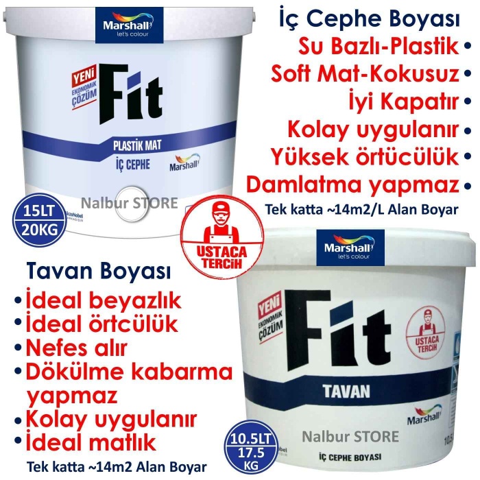 MARSHALL Fit Plastik Su Bazlı İç Cephe Duvar Boyası 15LT=20KG+MARSHALL Fit TavanBoyası 10.5LT=17.5KG