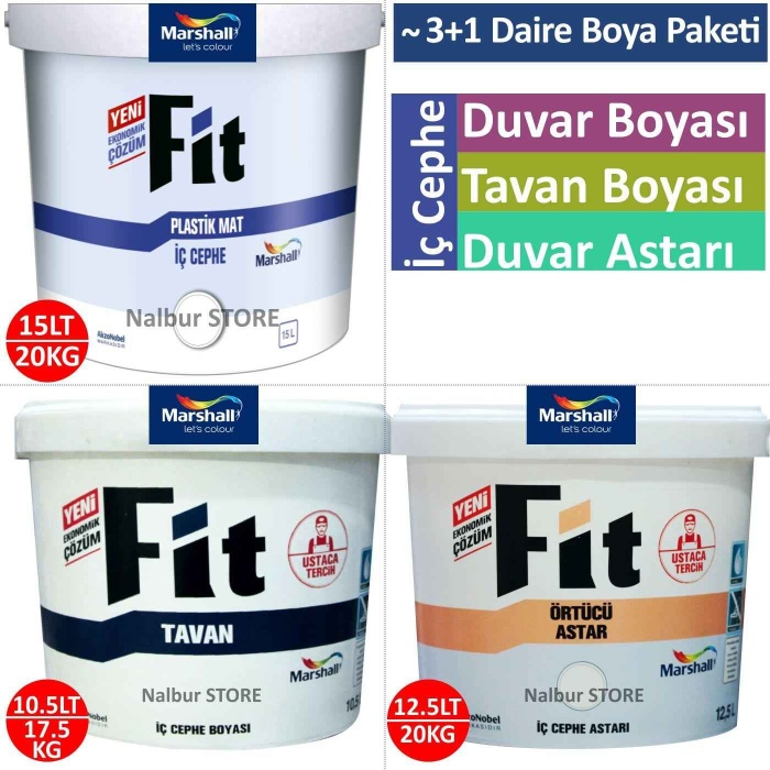 MARSHALL Fit Plastik İç Duvar Boyası 15LT=20KG+Tavan Boyası 10.5LT=17.5KG+İç Duvar Astar 12,5LT=20KG