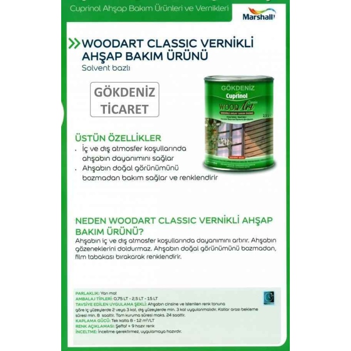 MARSHALL WOODART CLASSİC VERNİKLİ AHŞAP BAKIM ÜRÜNÜ 2.5LT-Ahşabı iç-dış hava şartlarına karşı korur