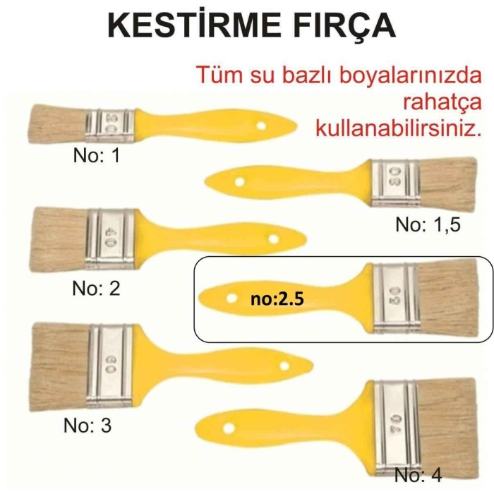 Kestirme Fırça No=2.5-1. Kalite-Su Bazlı Ürünlerinizde Kullanabilirsiniz-Tüy Dökmez-Damlatmaz-Kaliteli