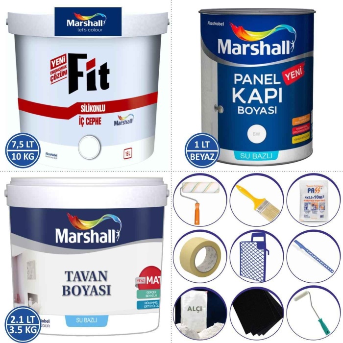 MARSHALL Fit Silikonlu İç Cephe Boyası 10KG+Tavan Boyası 3.5KG+Panel Kapı Boyası 1LT+9 Parça Set