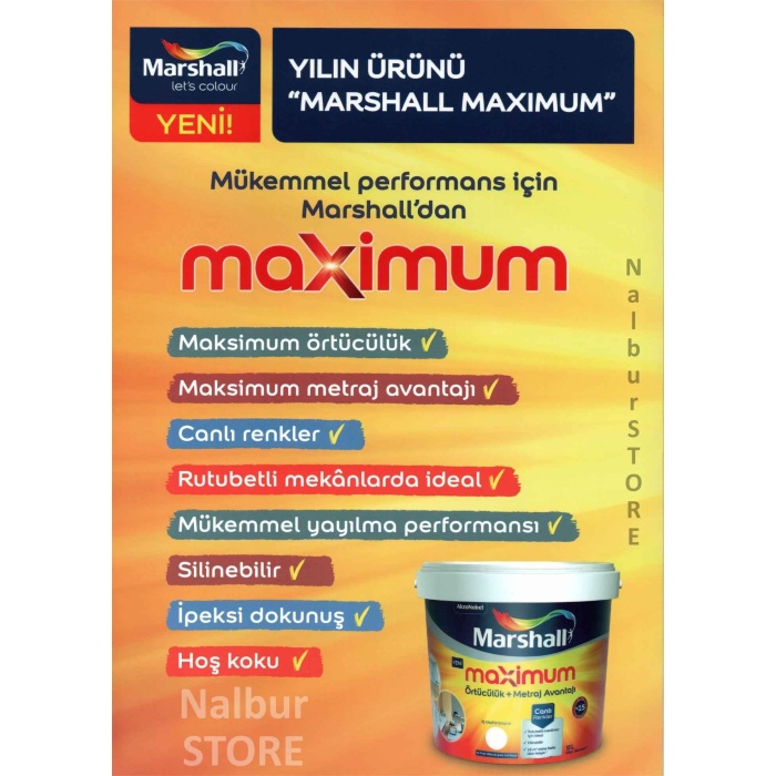 MARSHALL MAXIMUM Silikonlu Su Bazlı Silinebilir İç Cephe Boyası 20KG+Tavan Boyası 17.5KG+9 Parça Set