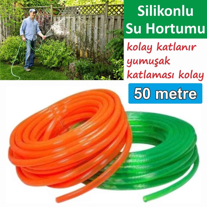 Silikonlu Bahçe Hortumu-50 Metre-Kırılmaz-Kolay Katlanır-Dayanıklı-Tüm Musluklara Uyumlu-Yumuşak