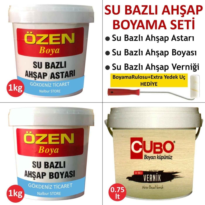 SU BAZLI AHŞAP BOYA SETİ-Su Bazlı Ahşap Astarı+Boyası+Verniği+Rulo-Yüksek Örtücülük-Kolay Kullanım